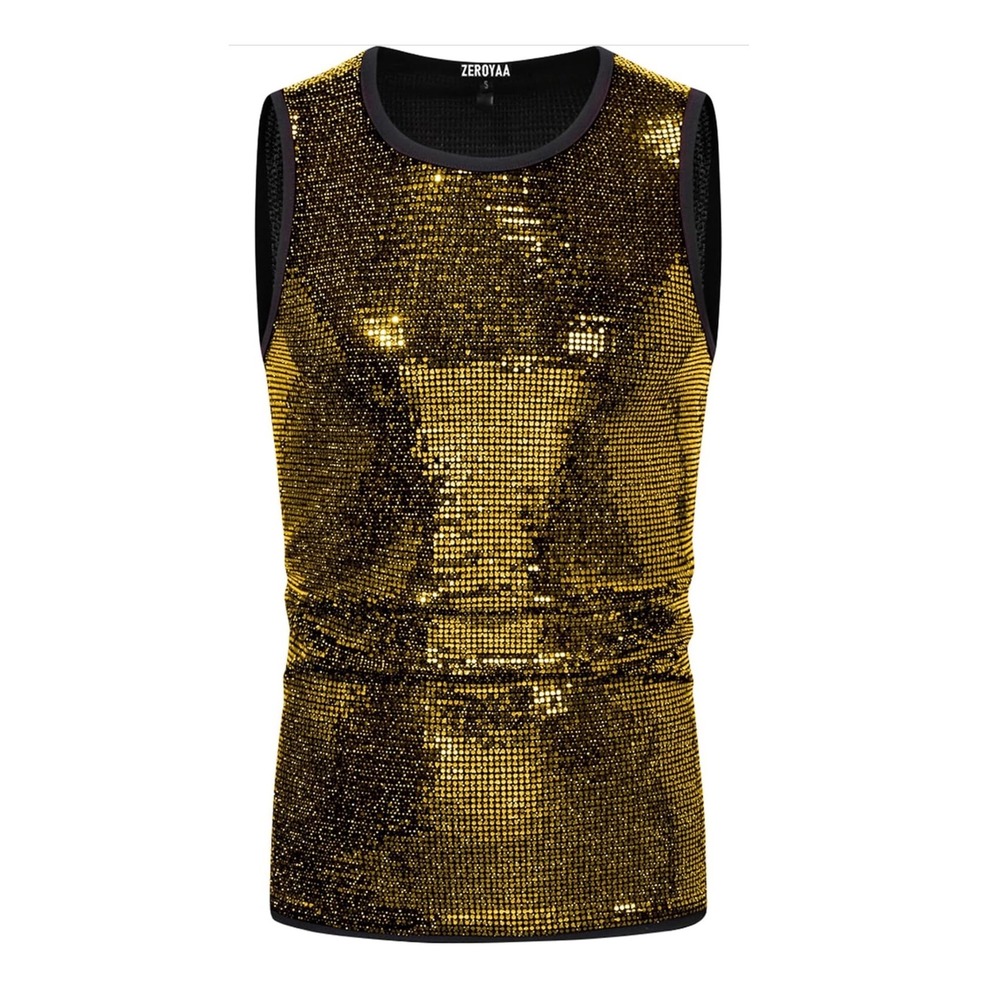NWT Zeroyaa Mens Gold Sequin Tank Top Disco 70s Party Club Costume Medium
